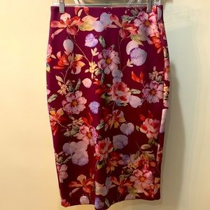 Cranberry metallic floral pencil skirt